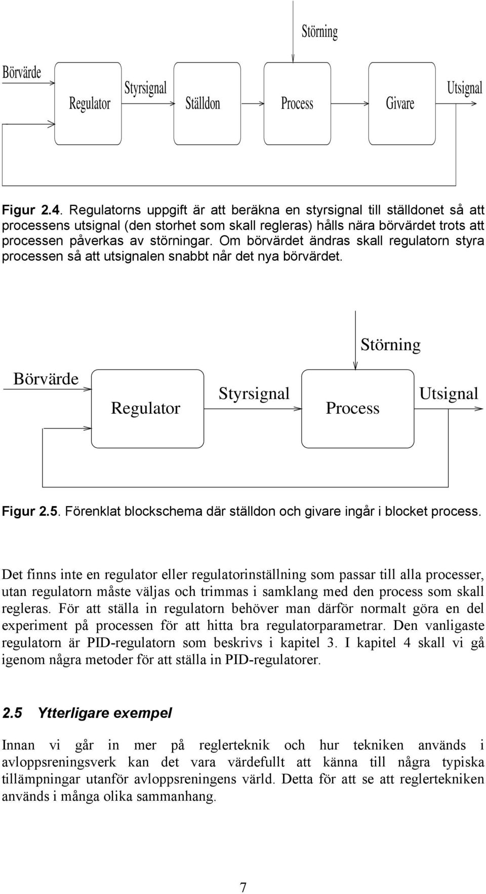 Om börvärdet ändras skall regulatorn styra processen så att utsignalen snabbt når det nya börvärdet. Störning Börvärde Regulator Styrsignal Process Utsignal Figur 2.5.