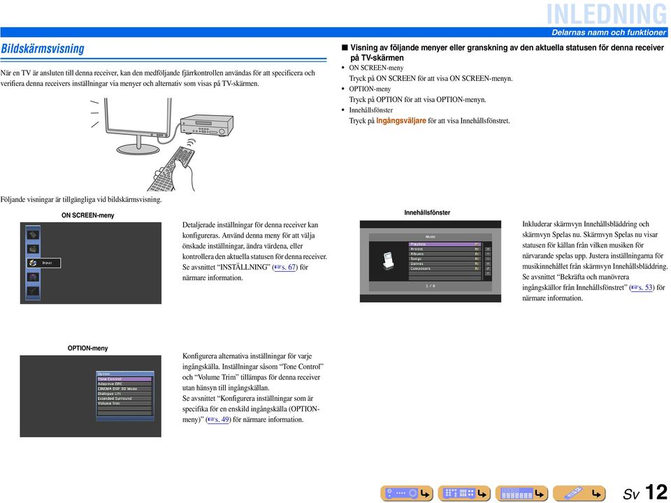 INLEDNING Delarnas namn och funktioner Visning av följande menyer eller granskning av den aktuella statusen för denna receiver på TV-skärmen ON SCREEN-meny på ON SCREEN för att visa ON SCREEN-menyn.