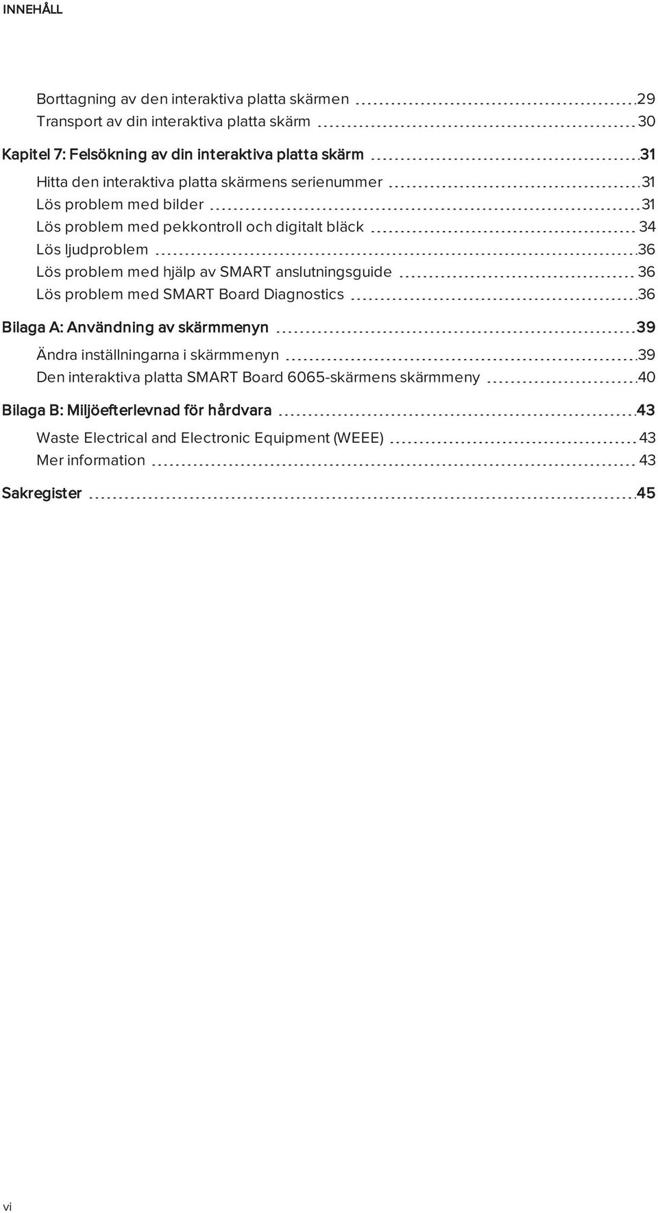 SMART anslutningsguide 36 Lös problem med SMART Board Diagnostics 36 Bilaga A: Användning av skärmmenyn 39 Ändra inställningarna i skärmmenyn 39 Den interaktiva platta