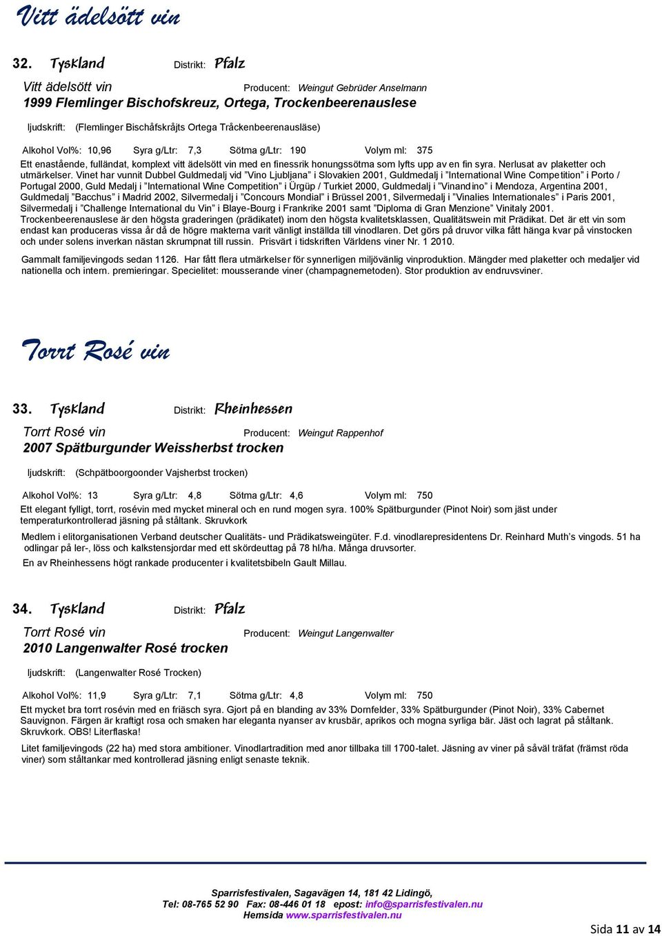 Alkohol Vol%: 10,96 Syra g/ltr: 7,3 Sötma g/ltr: 190 Volym ml: 375 Ett enastående, fulländat, komplext vitt ädelsött vin med en finessrik honungssötma som lyfts upp av en fin syra.