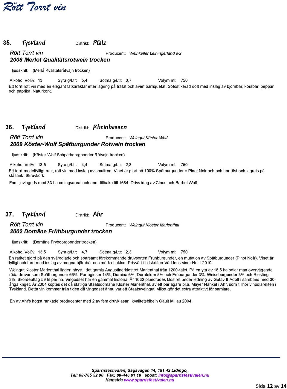 Tyskland Distrikt: Rheinhessen 2009 Köster-Wolf Spätburgunder Rotwein trocken Producent: Weingut Köster-Wolf (Köster-Wolf Schpätboorgoonder Råtvajn trocken) Alkohol Vol%: 13,5 Syra g/ltr: 4,4 Sötma