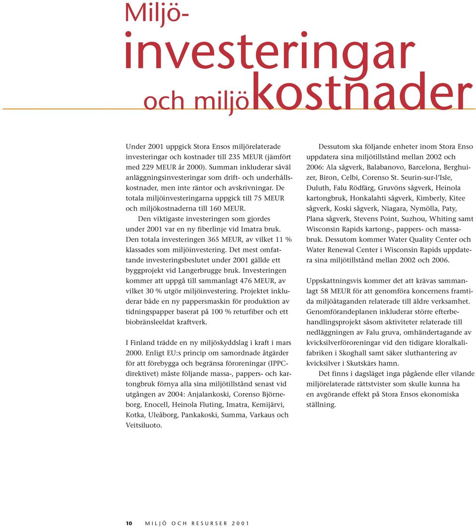 De totala miljöinvesteringarna uppgick till 75 MEUR och miljökostnaderna till 160 MEUR. Den viktigaste investeringen som gjordes under 2001 var en ny fiberlinje vid Imatra bruk.