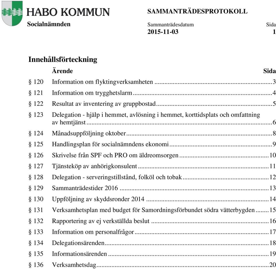 .. 9 126 Skrivelse från SPF och PRO om äldreomsorgen... 10 127 Tjänsteköp av anhörigkonsulent... 11 128 Delegation - serveringstillstånd, folköl och tobak... 12 129 Sammanträdestider 2016.