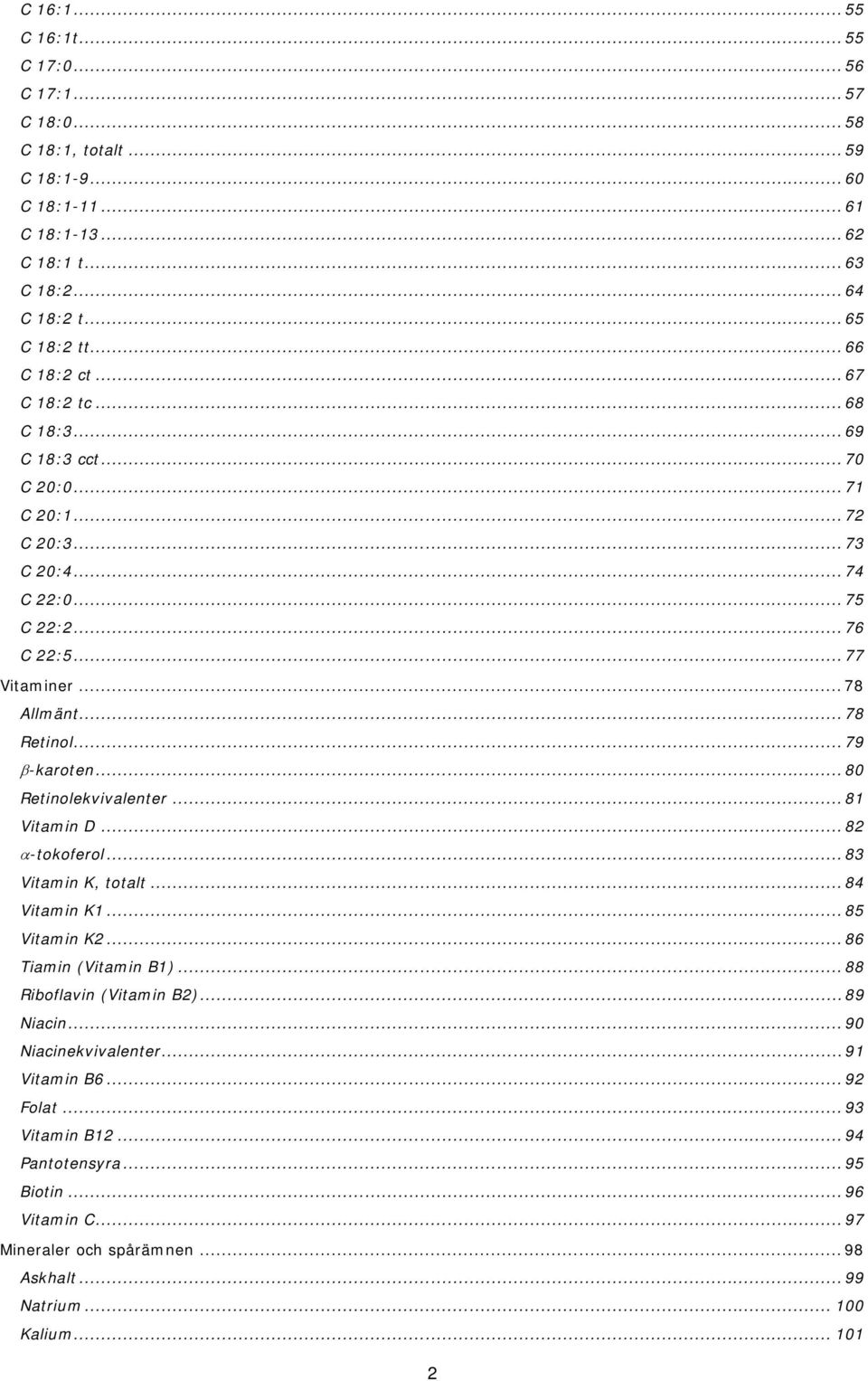 .. 79 -karoten... 80 Retinolekvivalenter... 81 Vitamin D... 82 -tokoferol... 83 Vitamin K, totalt... 84 Vitamin K1... 85 Vitamin K2... 86 Tiamin (Vitamin B1)... 88 Riboflavin (Vitamin B2).