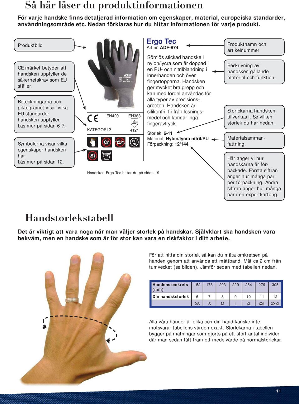 Beteckningarna och piktogramet visar vilka EU standarder handsken uppfyller. Läs mer på sidan 6-7. Symbolerna visar vilka egenskaper handsken har. Läs mer på sidan 12.