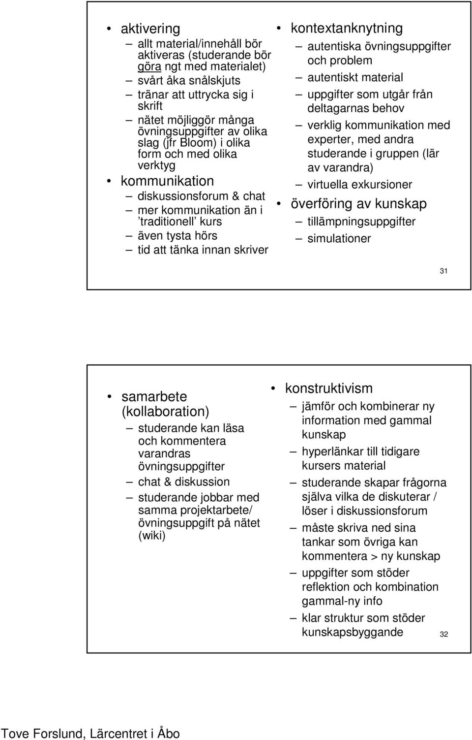 övningsuppgifter och problem autentiskt material uppgifter som utgår från deltagarnas behov verklig kommunikation med experter, med andra studerande i gruppen (lär av varandra) virtuella exkursioner