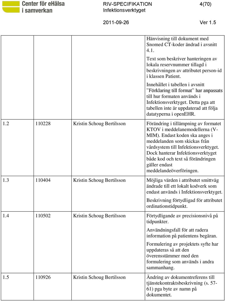 2 110228 Kristin Schoug Bertilsson Förändring i tillämpning av formatet KTOV i meddelanemodellerna (V- MIM). Endast koden ska anges i meddelanden som skickas från vårdsystem till.