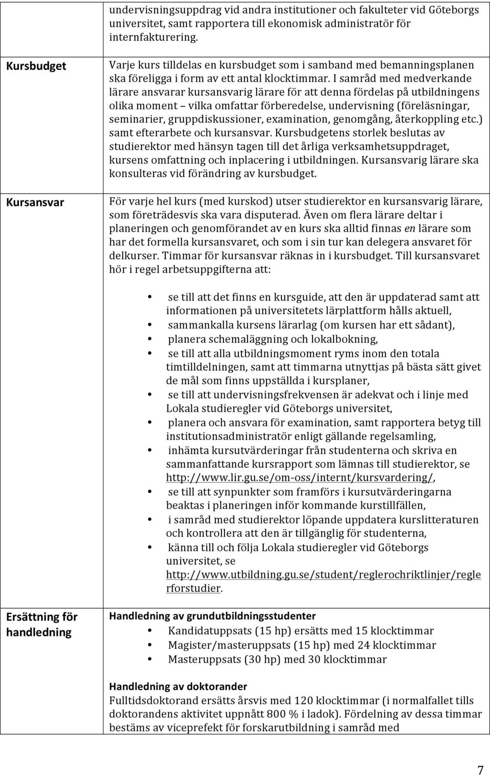 I samråd med medverkande lärare ansvarar kursansvarig lärare för att denna fördelas på utbildningens olika moment vilka omfattar förberedelse, undervisning (föreläsningar, seminarier,