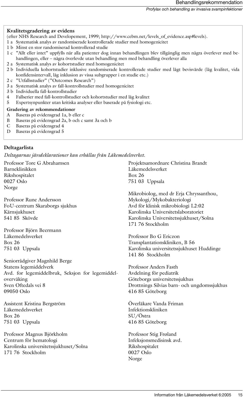 1 a Systematisk analys av randomiserade kontrollerade studier med homogenicitet 1 b Minst en stor randomiserad kontrollerad studie 1 c Allt eller intet uppfylls när alla patienter dog innan