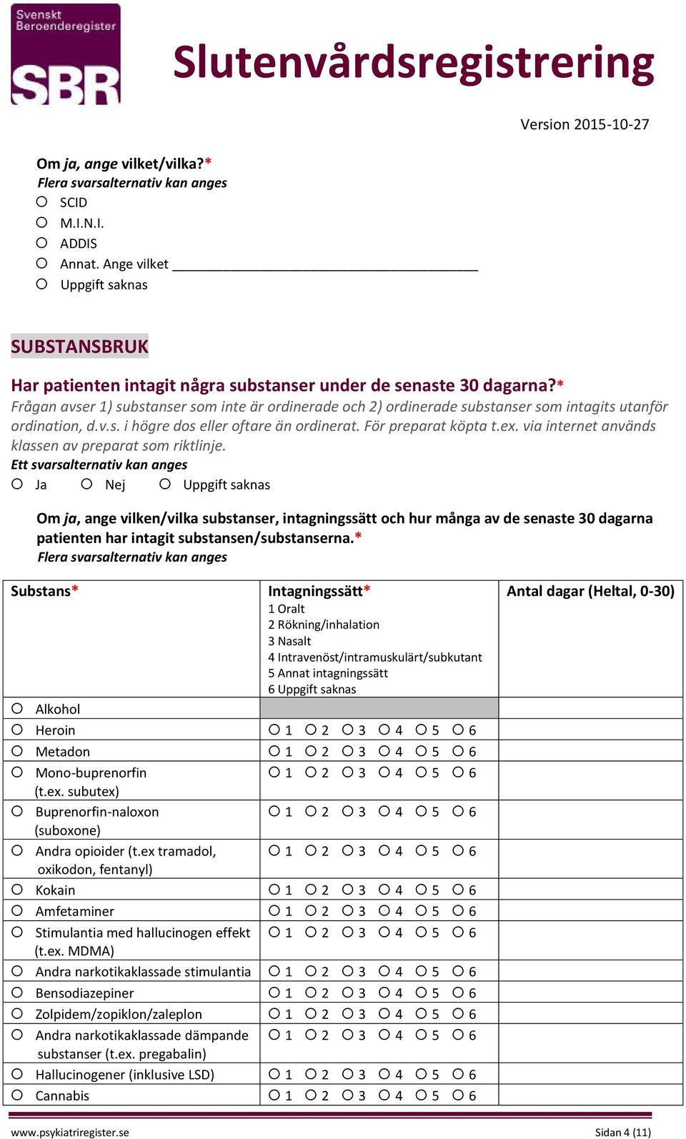 via internet används klassen av preparat som riktlinje. Om ja, ange vilken/vilka substanser, intagningssätt och hur många av de senaste 30 dagarna patienten har intagit substansen/substanserna.