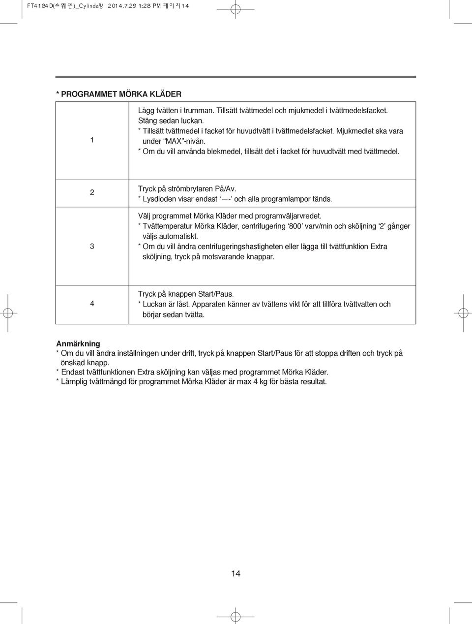 * Lysdioden visar endast - och alla programlampor tänds. Välj programmet Mörka Kläder med programväljarvredet.