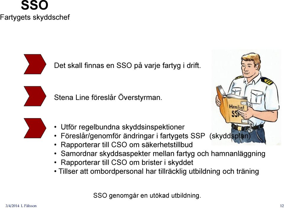 om säkerhetstillbud Samordnar skyddsaspekter mellan fartyg och hamnanläggning Rapporterar till CSO om brister i