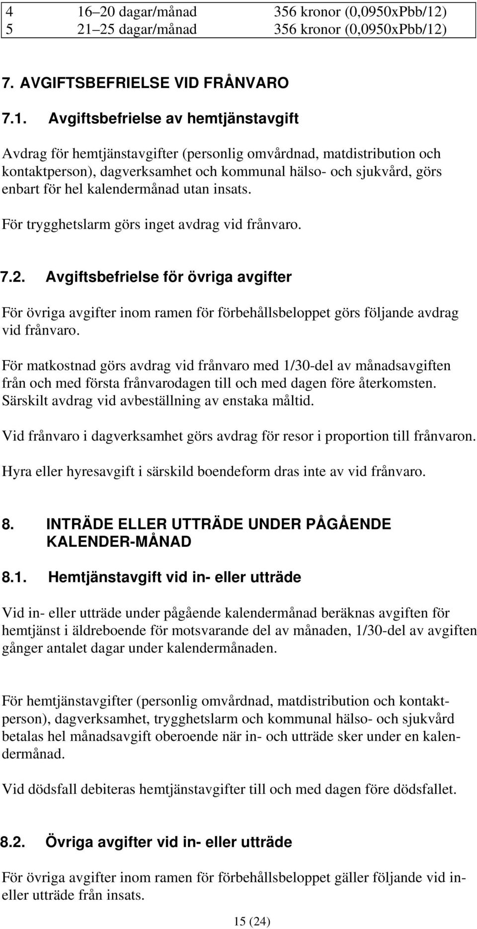 För trygghetslarm görs inget avdrag vid frånvaro. 7.2. Avgiftsbefrielse för övriga avgifter För övriga avgifter inom ramen för förbehållsbeloppet görs följande avdrag vid frånvaro.