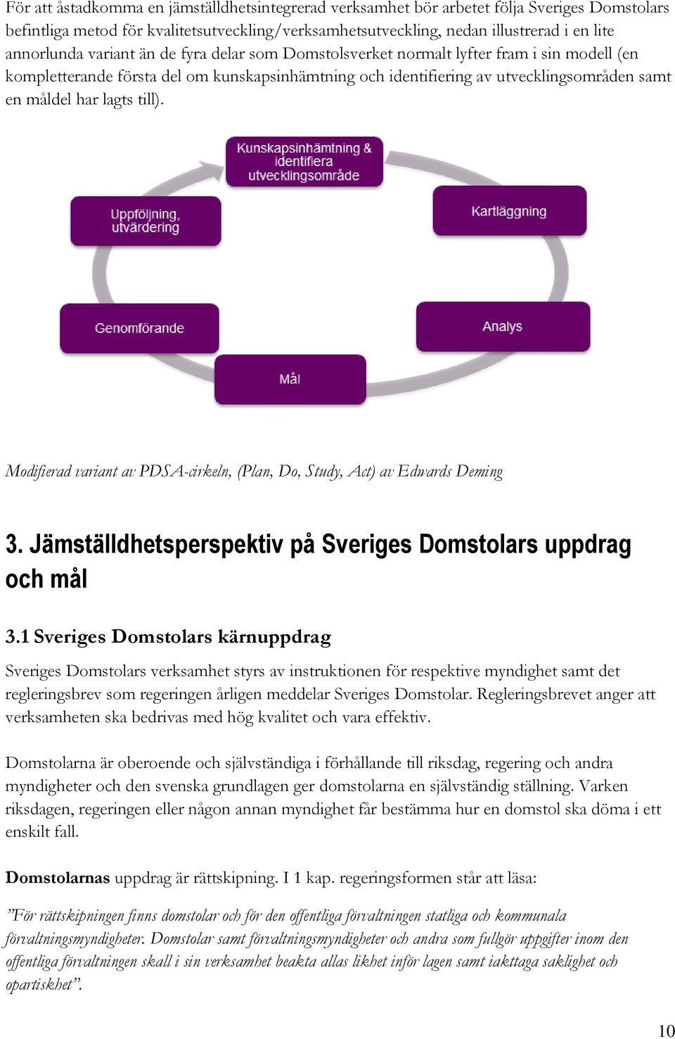 Modifierad variant av PDSA-cirkeln, (Plan, Do, Study, Act) av Edwards Deming 3. Jämställdhetsperspektiv på Sveriges Domstolars uppdrag och mål 3.