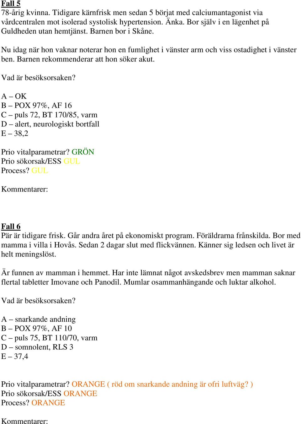 B POX 97%, AF 16 C puls 72, BT 170/85, varm, neurologiskt bortfall E 38,2 Prio sökorsak/ess GUL Process? GUL Fall 6 Pär är tidigare frisk. Går andra året på ekonomiskt program. Föräldrarna frånskilda.