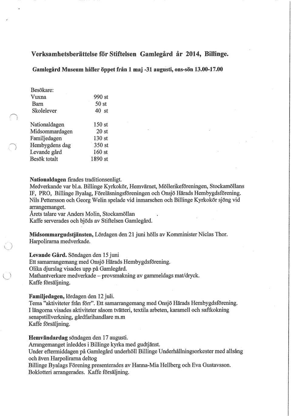 firades traditionsenligt. Medverkande var bla. Billinge Kyrkokör, Hemvärnet, Möllerikeföreningen, Stockamöllans IF, PRO, Billinge Byalag, Föreläsningsföreningen och Onsjö Härads Hembygdsförening.