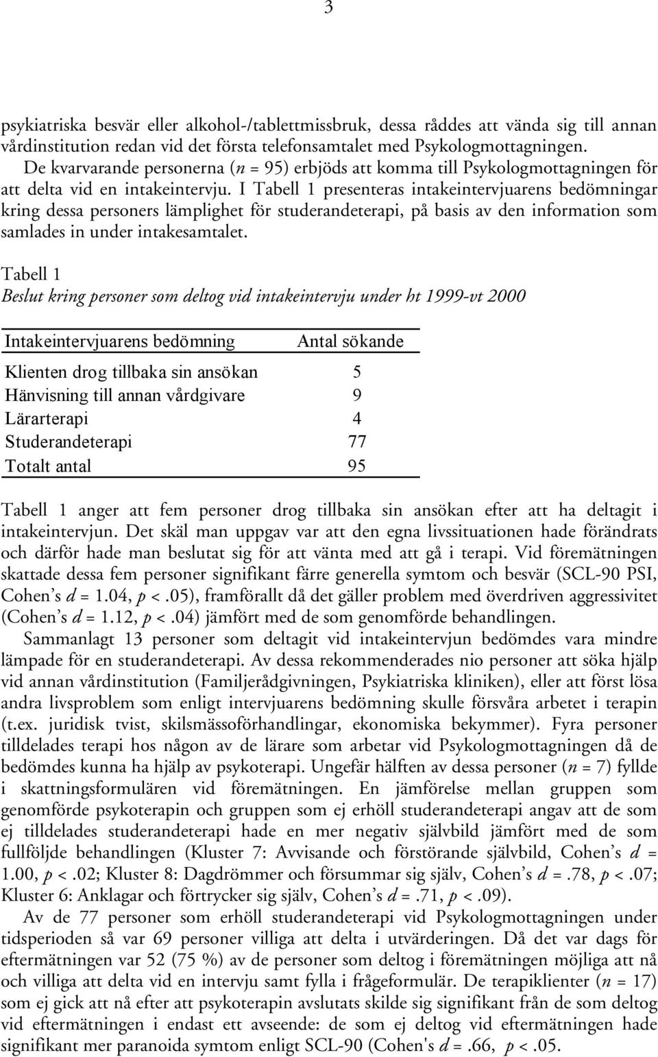 I Tabell 1 presenteras intakeintervjuarens bedömningar kring dessa personers lämplighet för studerandeterapi, på basis av den information som samlades in under intakesamtalet.