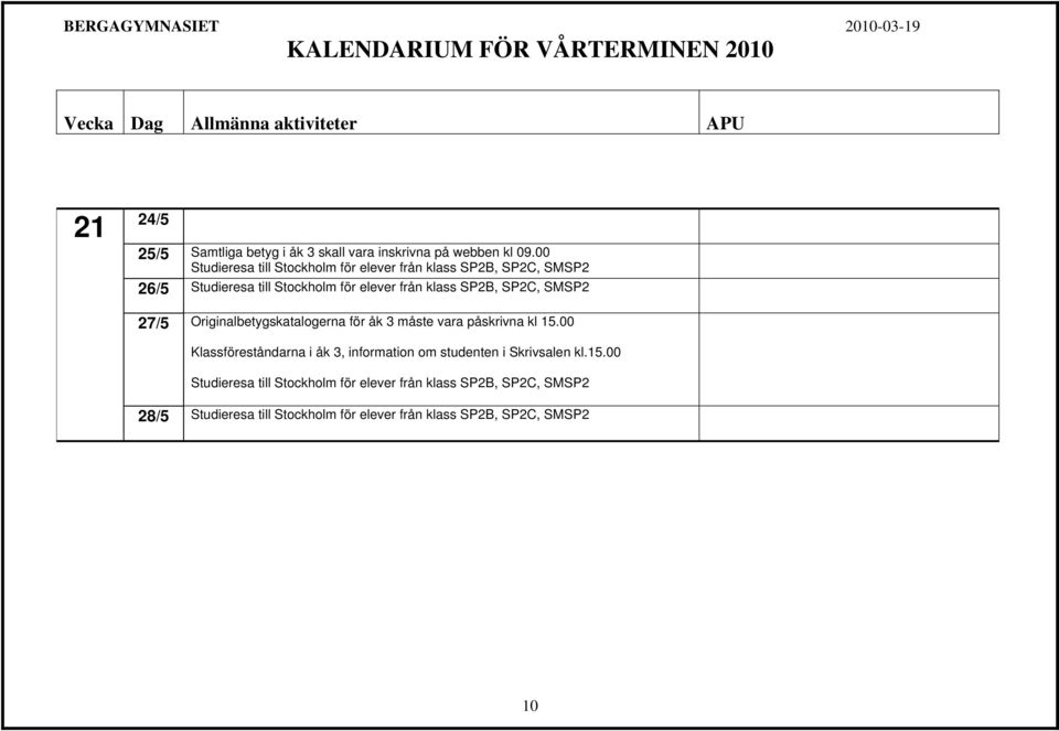 SP2B, SP2C, SMSP2 27/5 Originalbetygskatalogerna för åk 3 måste vara påskrivna kl 15.