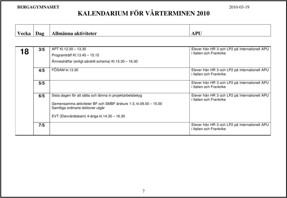 30 5/5 6/5 Sista dagen för att sätta och lämna in projektarbetsbetyg Gemensamma