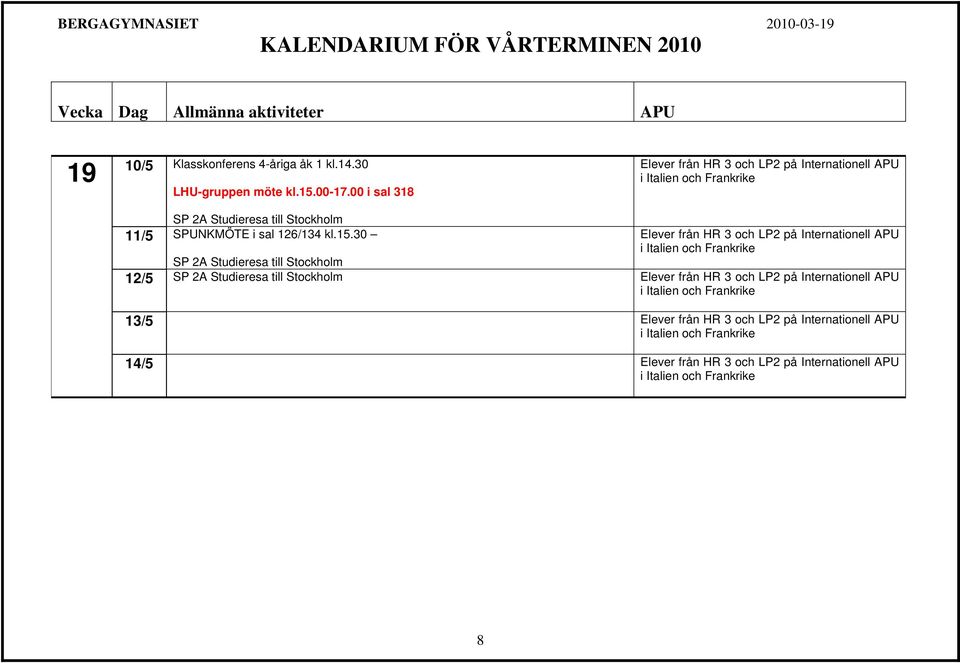 00 i sal 318 SP 2A Studieresa till Stockholm 11/5 SPUNKMÖTE