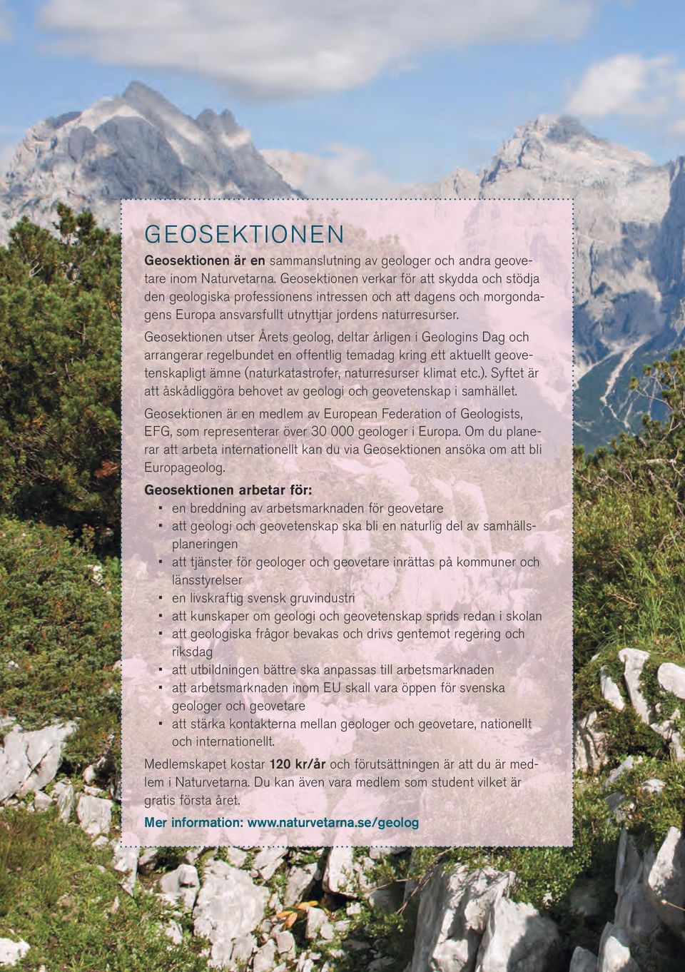 Geosektionen utser Årets geolog, deltar årligen i Geologins Dag och arrangerar regelbundet en offentlig temadag kring ett aktuellt geovetenskapligt ämne (naturkatastrofer, naturresurser klimat etc.).