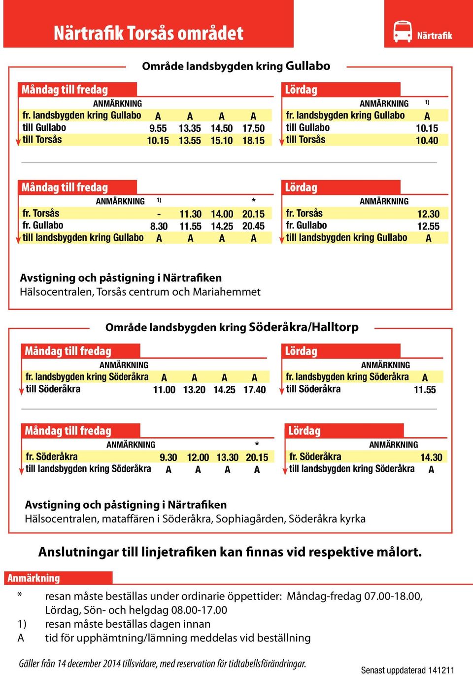 30 12.55 vstigning och påstigning i Närtrafiken Hälsocentralen, Torsås centrum och Mariahemmet Område landsbygden kring Söderåkra/Halltorp fr. landsbygden kring Söderåkra till Söderåkra 11.00 13.