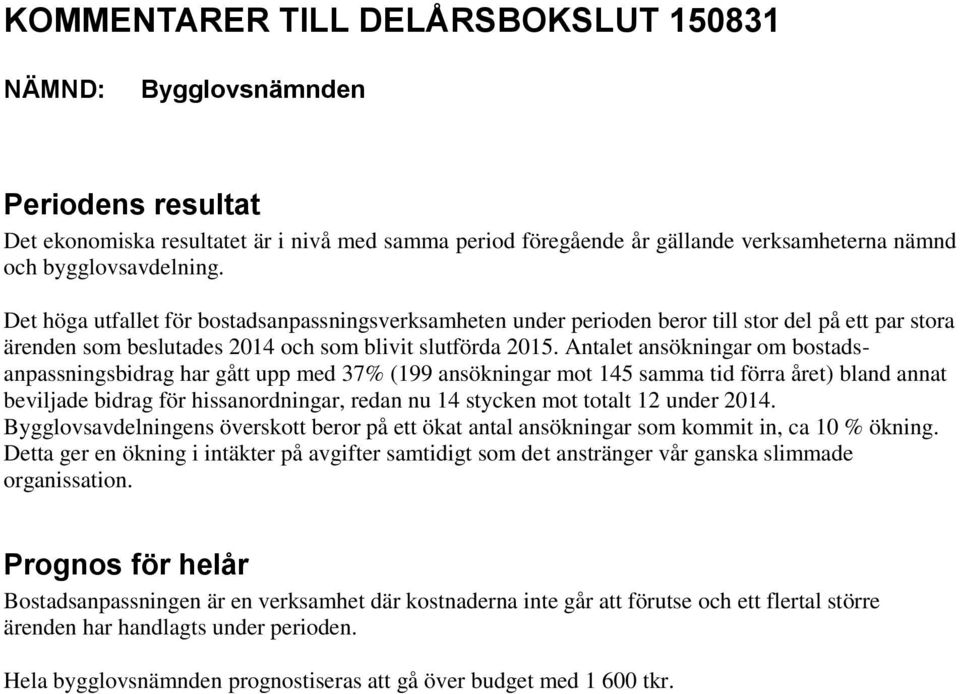 Antalet ansökningar om bostadsanpassningsbidrag har gått upp med 37% (199 ansökningar mot 145 samma tid förra året) bland annat beviljade bidrag för hissanordningar, redan nu 14 stycken mot totalt 12