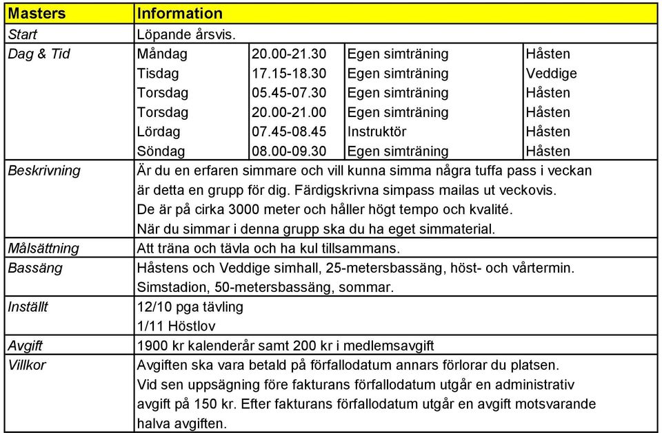 30 Egen simträning Håsten Beskrivning Är du en erfaren simmare och vill kunna simma några tuffa pass i veckan är detta en grupp för dig.