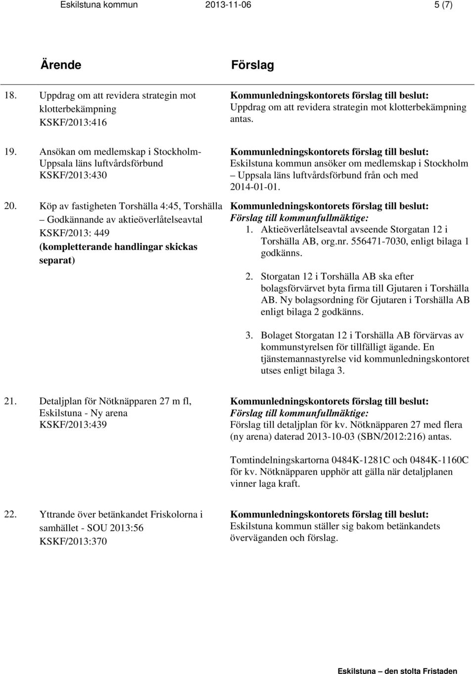 Köp av fastigheten Torshälla 4:45, Torshälla Godkännande av aktieöverlåtelseavtal KSKF/2013: 449 (kompletterande handlingar skickas separat) Eskilstuna kommun ansöker om medlemskap i Stockholm