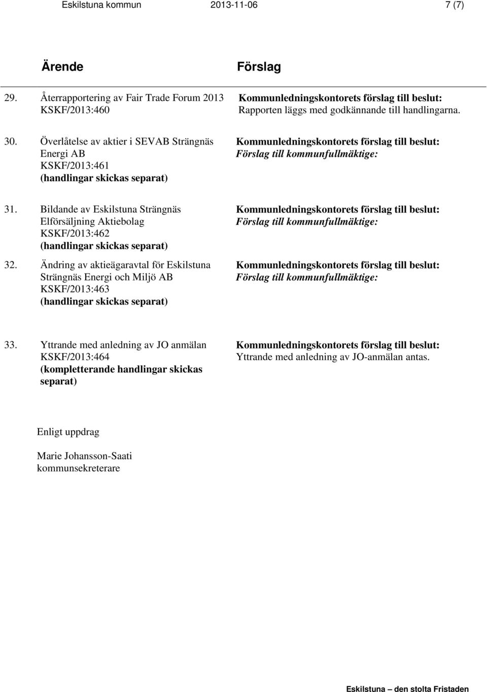 Överlåtelse av aktier i SEVAB Strängnäs Energi AB KSKF/2013:461 31. Bildande av Eskilstuna Strängnäs Elförsäljning Aktiebolag KSKF/2013:462 32.