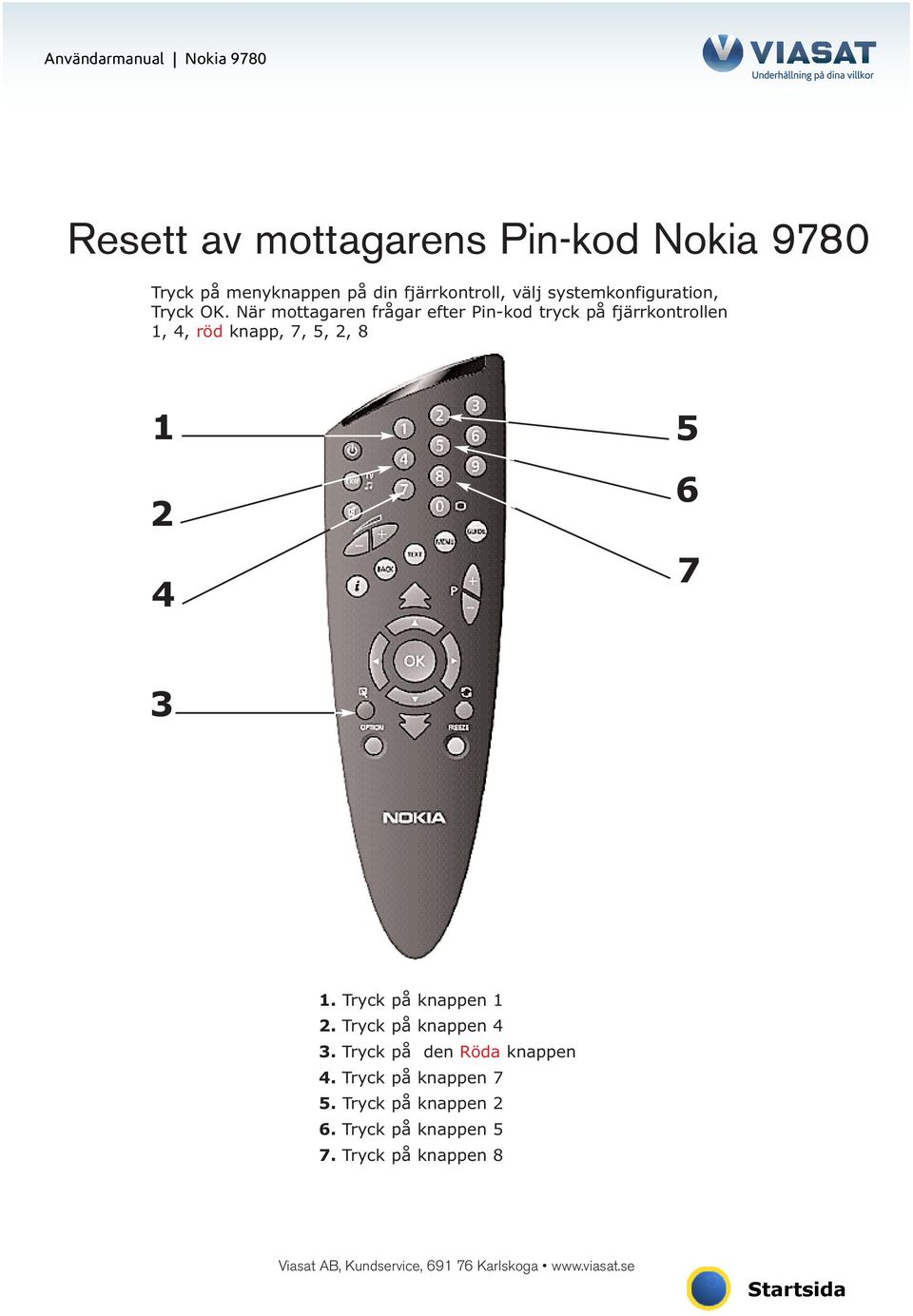 När mottagaren frågar efter Pin-kod tryck på fjärrkontrollen 1, 4, röd knapp, 7, 5, 2, 8 1 5 2