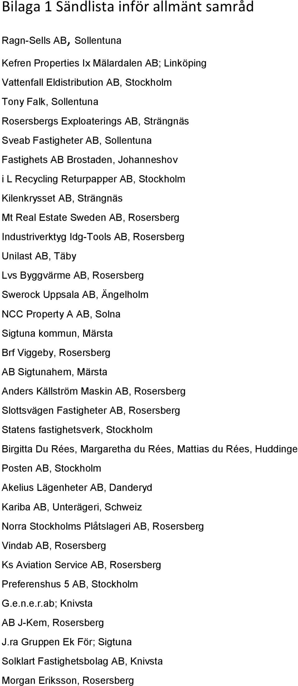 Industriverktyg Idg-Tools AB, Rosersberg Unilast AB, Täby Lvs Byggvärme AB, Rosersberg Swerock Uppsala AB, Ängelholm NCC Property A AB, Solna Sigtuna kommun, Märsta Brf Viggeby, Rosersberg AB