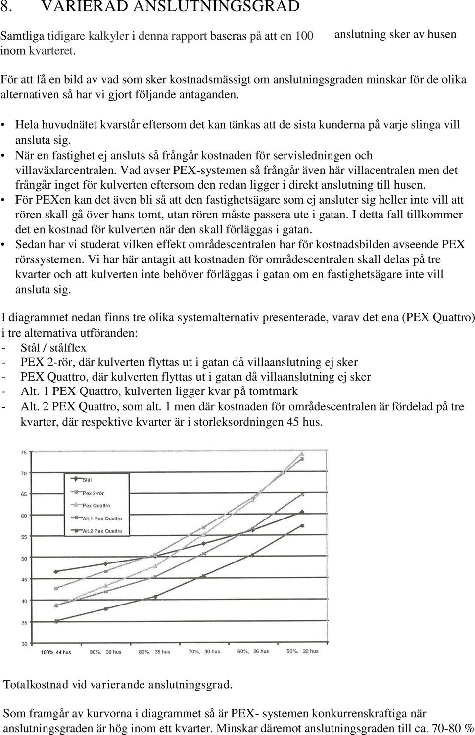 Hela huvudnätet kvarstår eftersom det kan tänkas att de sista kunderna på varje slinga vill ansluta sig. När en fastighet ej ansluts så frångår kostnaden för servisledningen och villaväxlarcentralen.