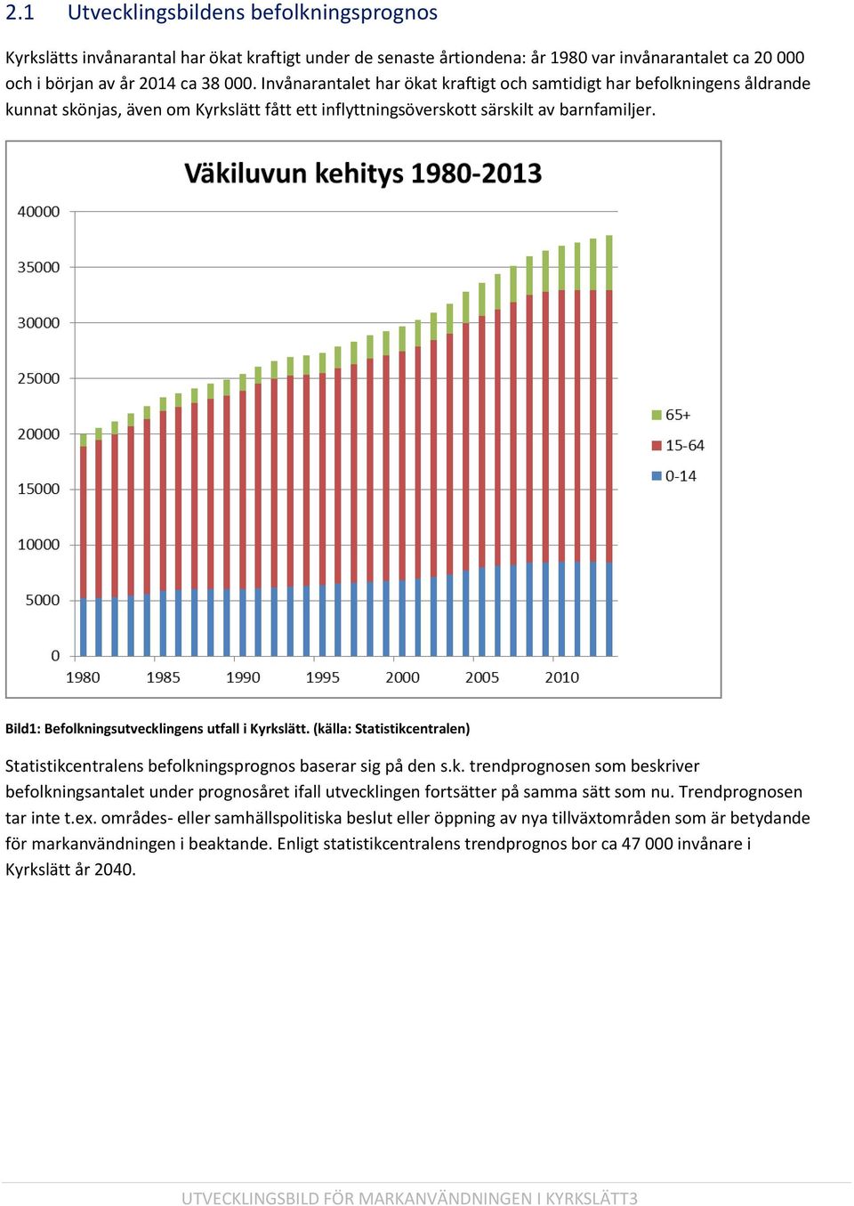 Bild1: Befolkningsutvecklingens utfall i Kyrkslätt. (källa: Statistikcentralen) Statistikcentralens befolkningsprognos baserar sig på den s.k. trendprognosen som beskriver befolkningsantalet under prognosåret ifall utvecklingen fortsätter på samma sätt som nu.