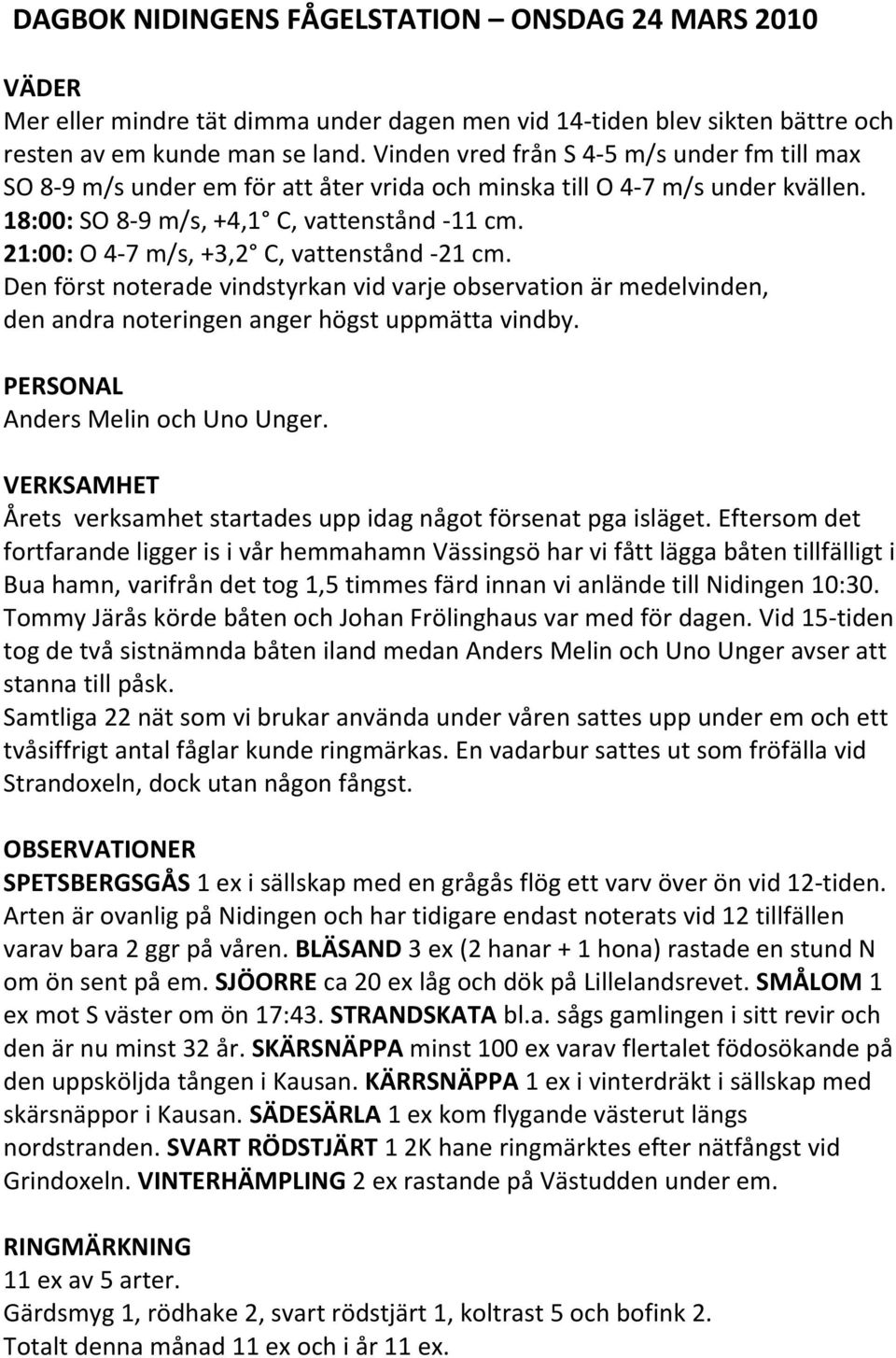 21:00: O 4 7 m/s, +3,2 C, vattenstånd 21 cm. Den först noterade vindstyrkan vid varje observation är medelvinden, den andra noteringen anger högst uppmätta vindby. Anders Melin och Uno Unger.