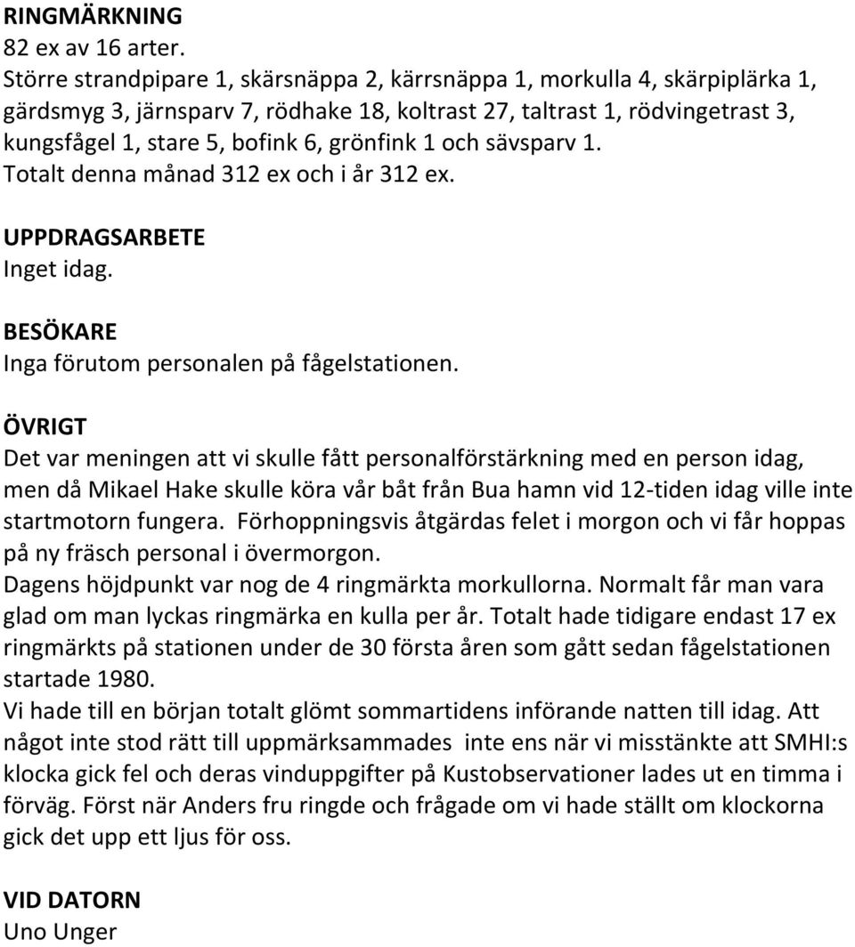 1 och sävsparv 1. Totalt denna månad 312 ex och i år 312 ex. Inget idag. BESÖKARE Inga förutom personalen på fågelstationen.