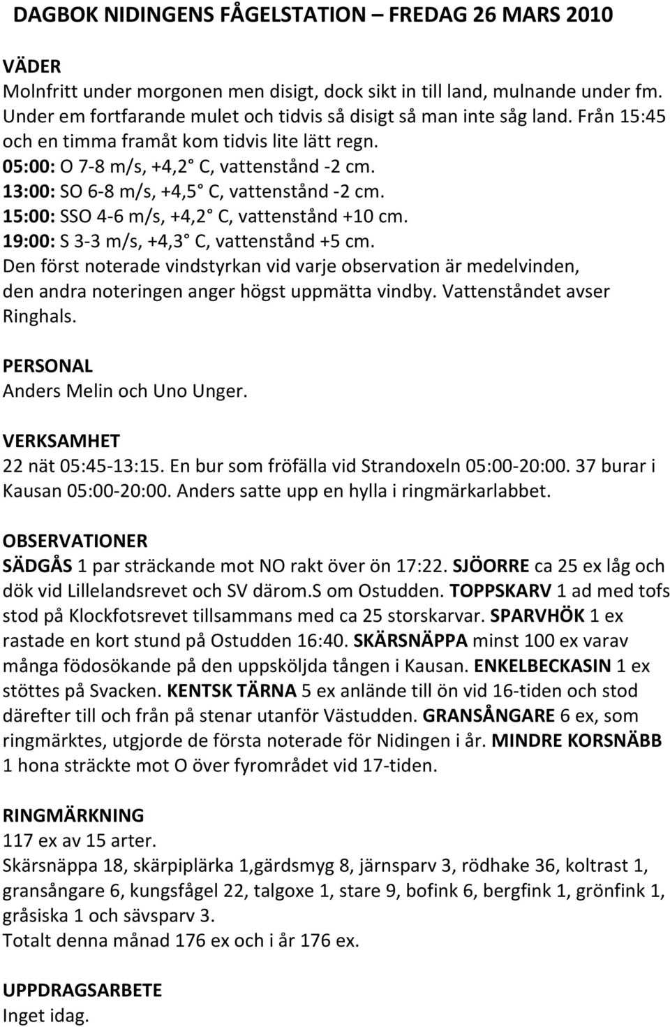 19:00: S 3 3 m/s, +4,3 C, vattenstånd +5 cm. Den först noterade vindstyrkan vid varje observation är medelvinden, den andra noteringen anger högst uppmätta vindby. Vattenståndet avser Ringhals.