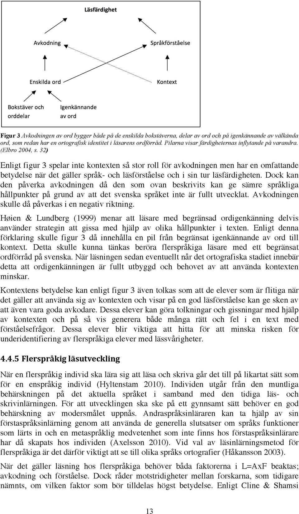 32) Enligt figur 3 spelar inte kontexten så stor roll för avkodningen men har en omfattande betydelse när det gäller språk- och läsförståelse och i sin tur läsfärdigheten.