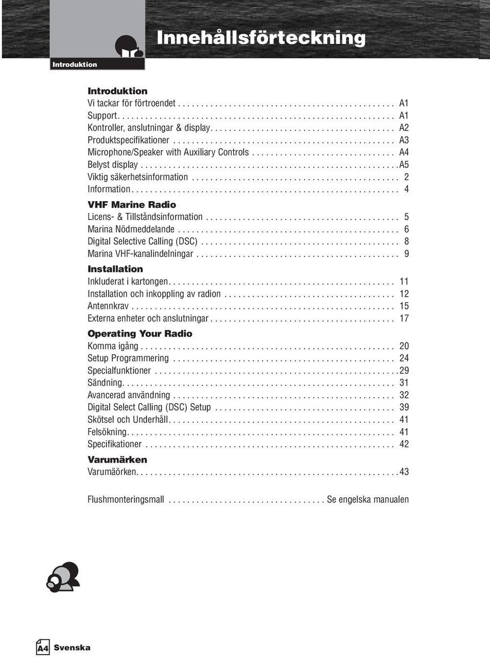 .......................................................a5 Viktig säkerhetsinformation............................................. 2 Information.......................................................... 4 VHF Marine Radio Licens- & Tillståndsinformation.