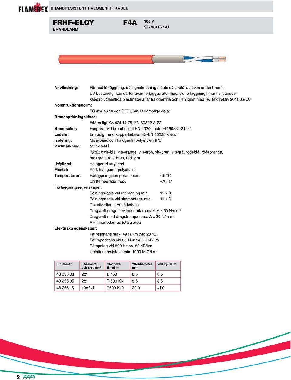 Konstruktionsnorm: SS 424 16 16 och SFS 5545 i tillämpliga delar Brandspridningsklass: F4A enligt SS 424 14 75, EN 60332-3-22 Brandsäker: Fungerar vid brand enligt EN 50200 och IEC 60331-21, -2