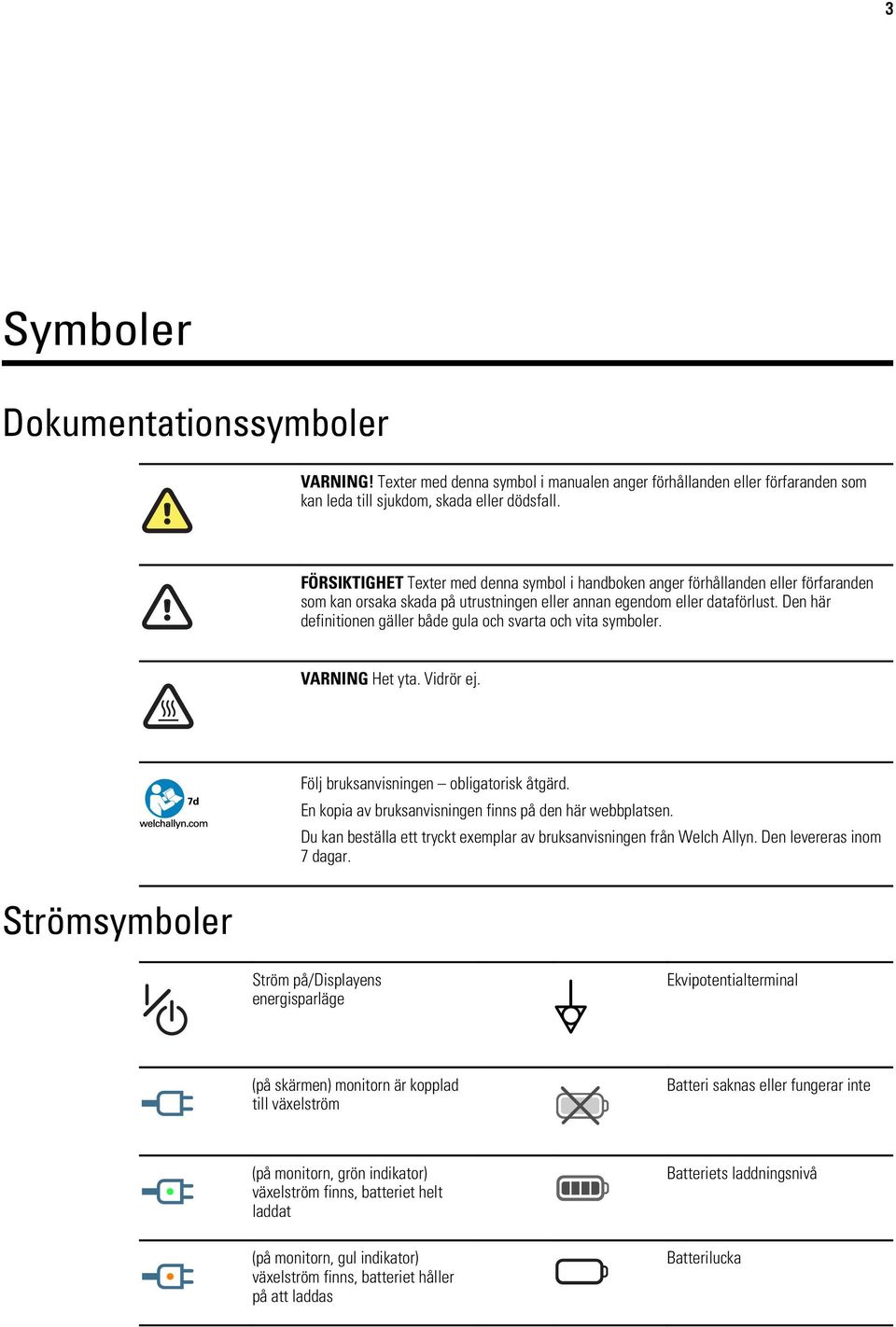 Den här definitionen gäller både gula och svarta och vita symboler. VARNING Het yta. Vidrör ej. Strömsymboler Följ bruksanvisningen obligatorisk åtgärd.