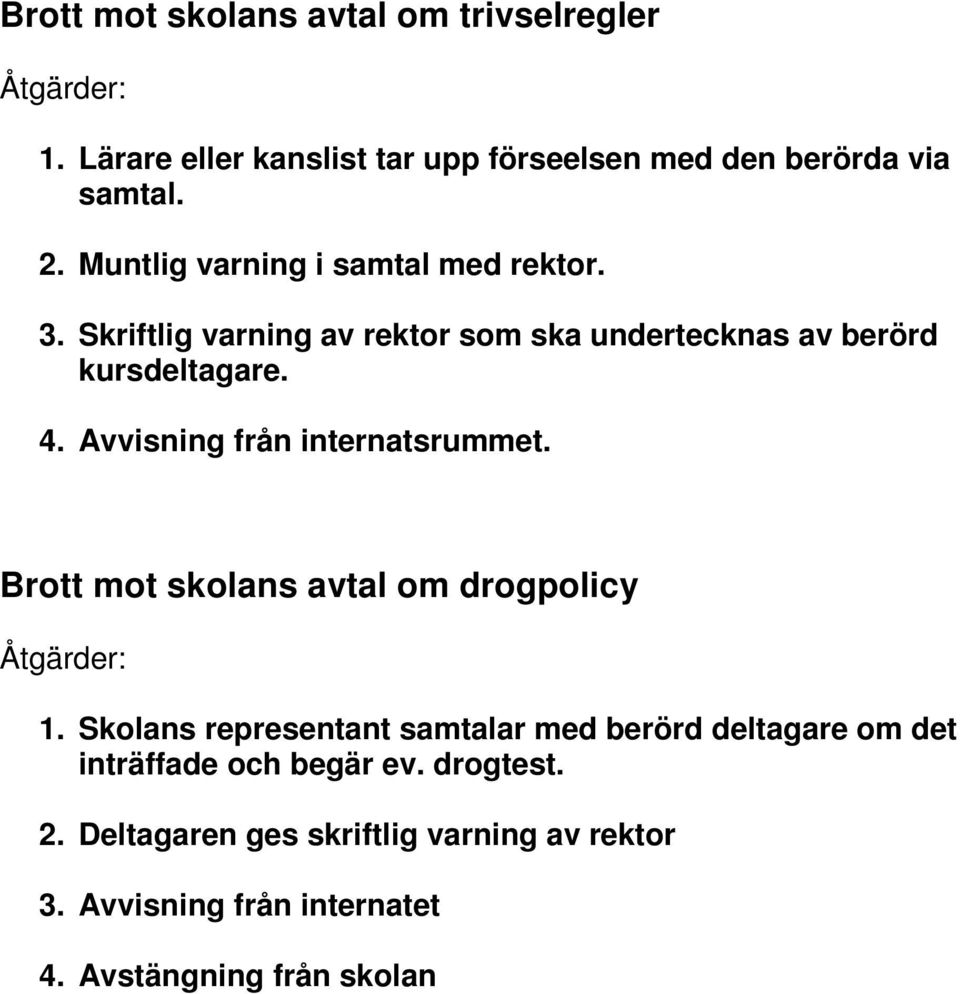 Avvisning från internatsrummet. Brott mot skolans avtal om drogpolicy Åtgärder: 1.