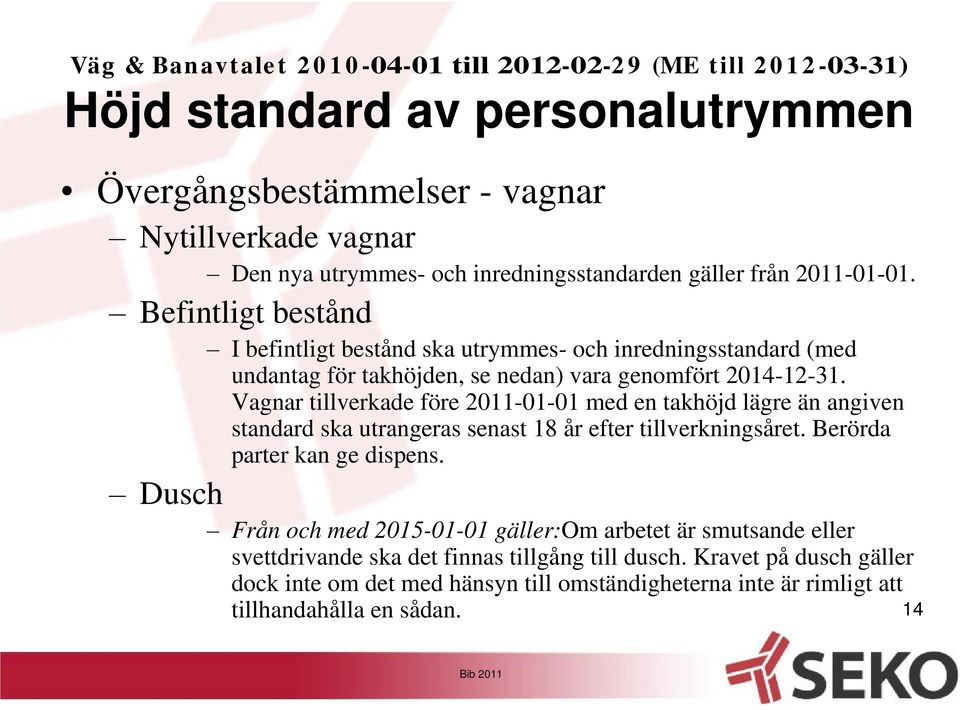 Vagnar tillverkade före 2011-01-01 med en takhöjd lägre än angiven standard ska utrangeras senast 18 år efter tillverkningsåret. Berörda parter kan ge dispens.