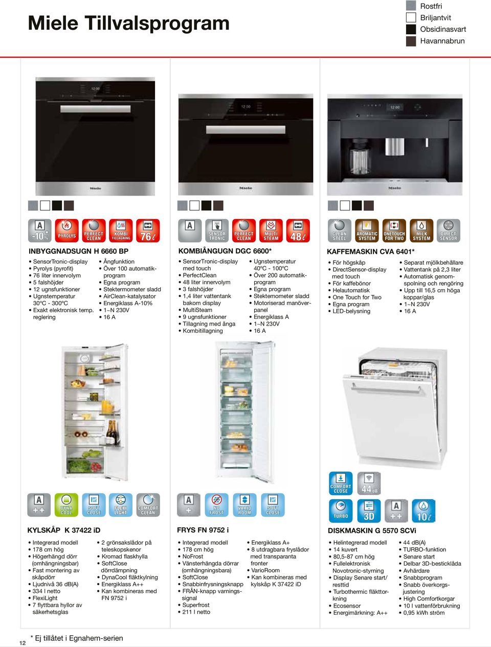 reglering Ångfunktion Över 100 automatikprogram Egna program Stektermometer sladd AirClean-katalysator Energiklass A-10% SensorTronic-display med touch PerfectClean 48 liter innervolym 3 falshöjder