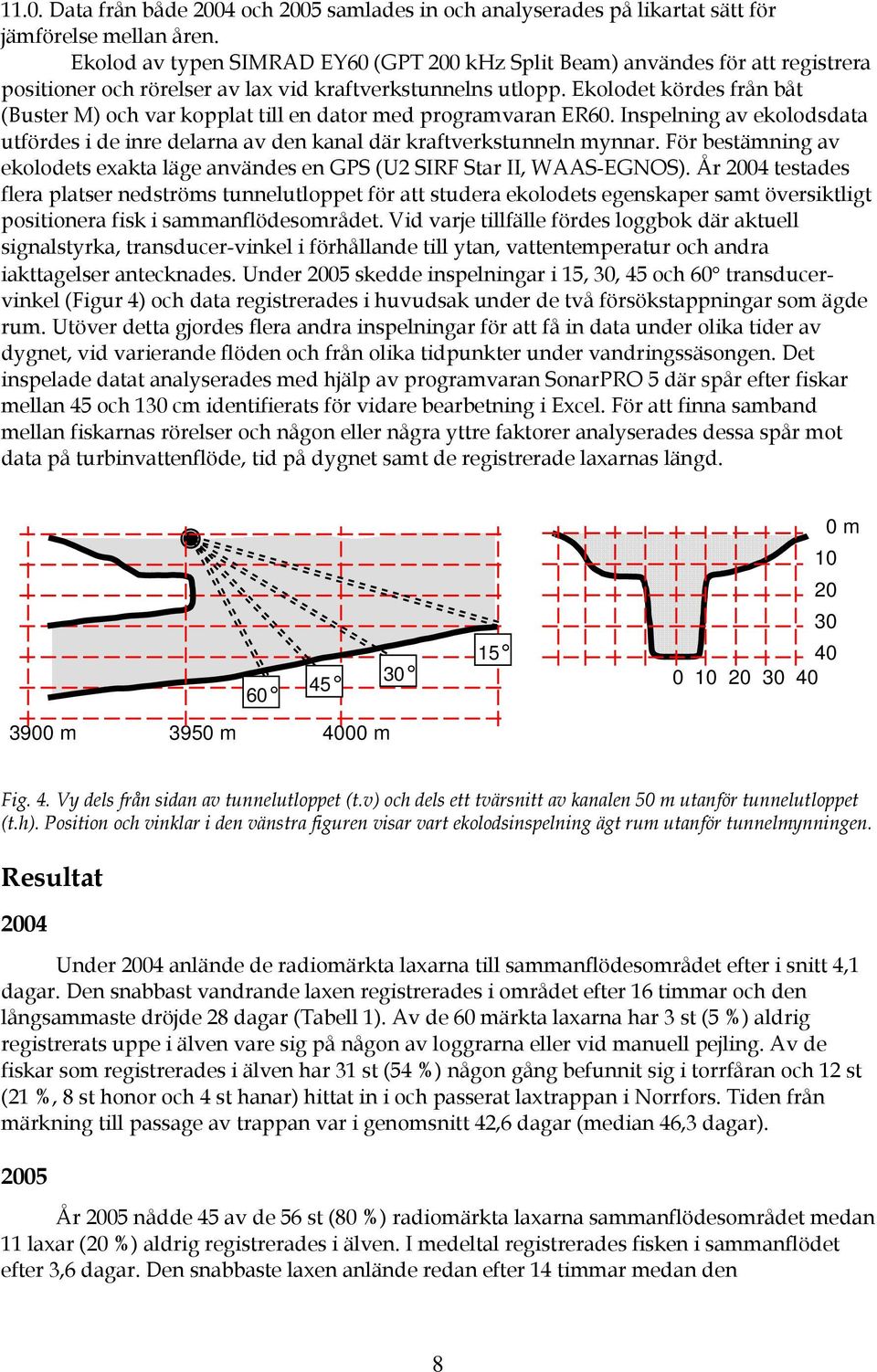 Ekolodet kördes från båt (Buster M) och var kopplat till en dator med programvaran ER6. Inspelning av ekolodsdata utfördes i de inre delarna av den kanal där kraftverkstunneln mynnar.