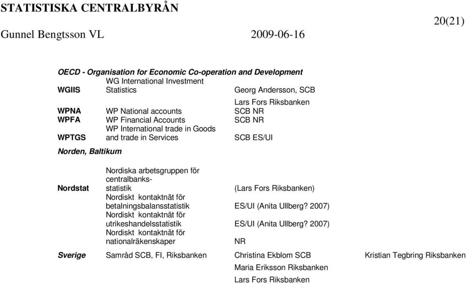 centralbanksstatistik (Lars Fors Riksbanken) Nordiskt kontaktnät för betalningsbalansstatistik ES/UI (Anita Ullberg?