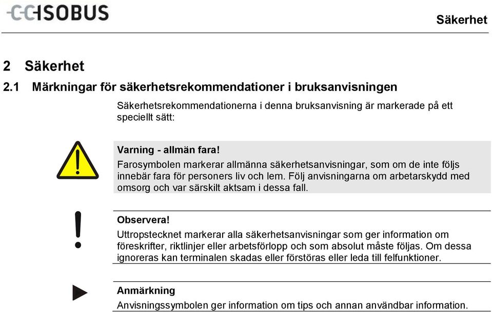 Farosymbolen markerar allmänna säkerhetsanvisningar, som om de inte följs innebär fara för personers liv och lem. Följ anvisningarna om arbetarskydd med omsorg och var särskilt aktsam i dessa fall.