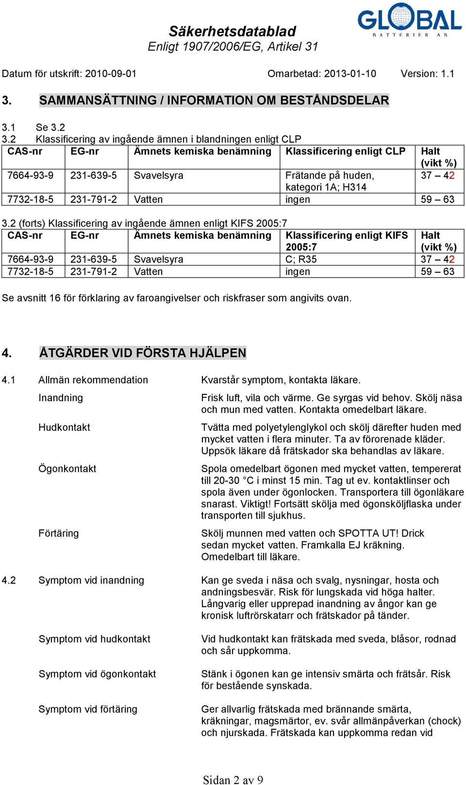 kategori 1A; H314 7732-18-5 231-791-2 Vatten ingen 59 63 3.