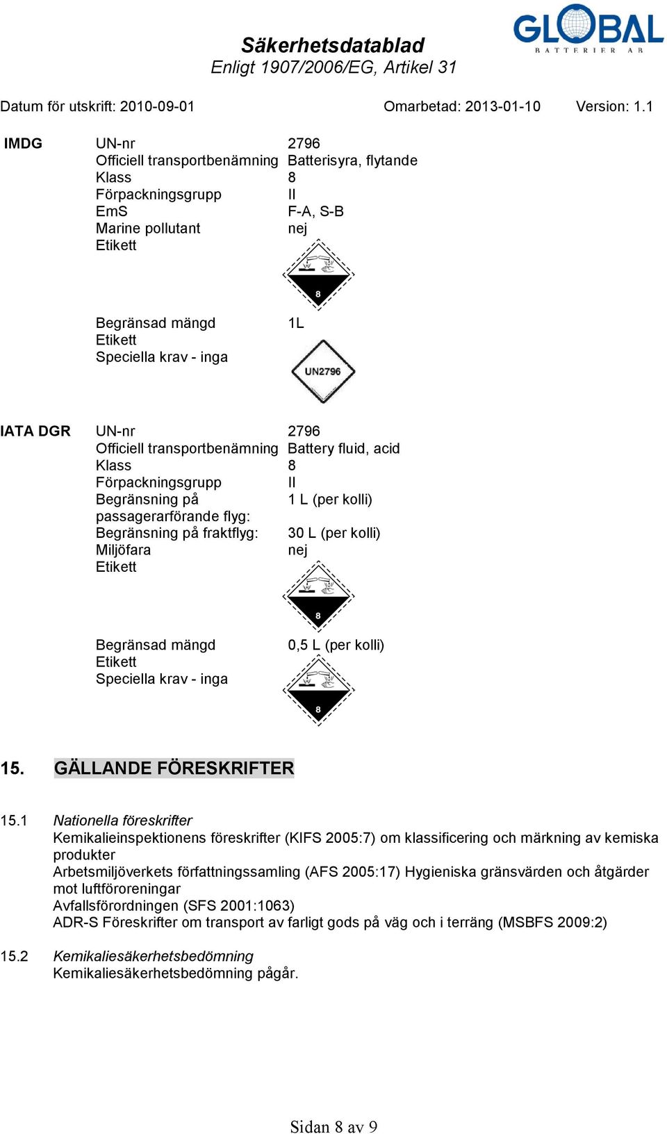 mängd Speciella krav - inga 0,5 L (per kolli) 15. GÄLLANDE FÖRESKRIFTER 15.