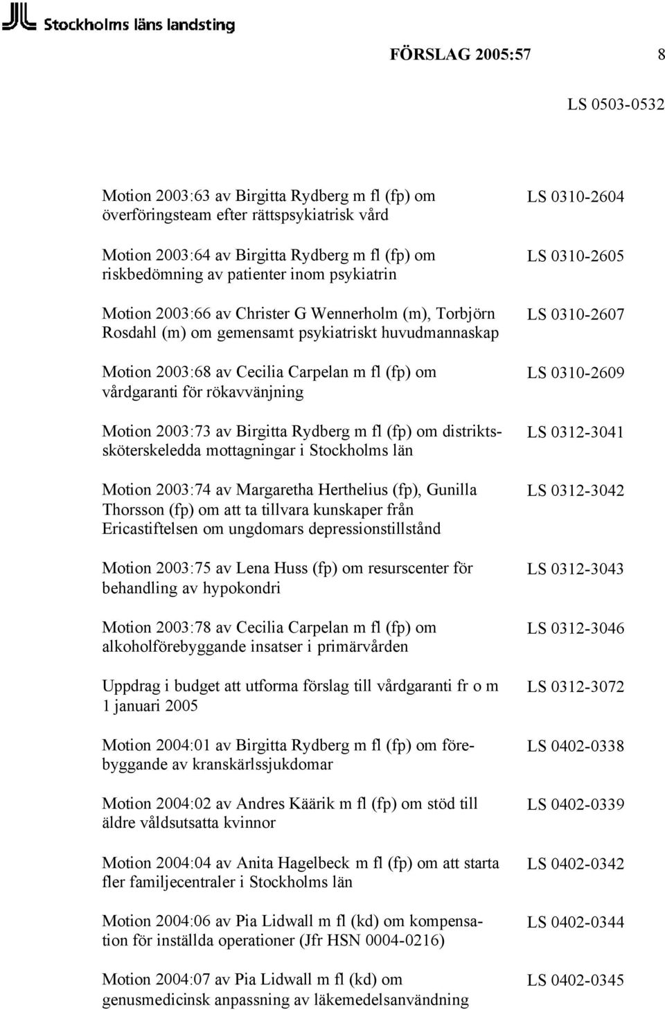 Motion 2003:73 av Birgitta Rydberg m fl (fp) om distriktssköterskeledda mottagningar i Stockholms län Motion 2003:74 av Margaretha Herthelius (fp), Gunilla Thorsson (fp) om att ta tillvara kunskaper